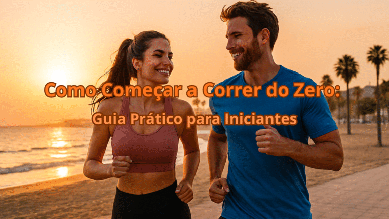 Casal correndo na calçada da praia ao pôr do sol, com roupas fitness e expressão feliz.