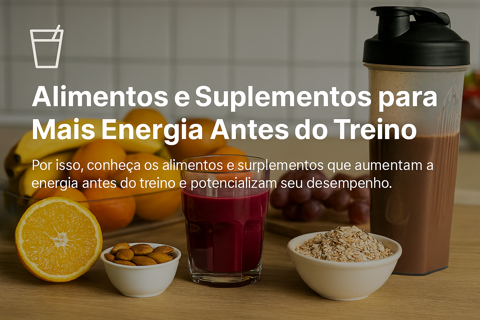 Frutas, grãos e sucos naturais organizados em uma mesa de cozinha, representando alimentos e suplementos para mais energia antes do treino.