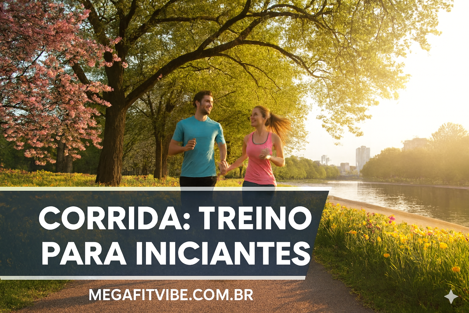 “Casal jovem correndo em um parque florido durante o pôr do sol, com árvores verdes, flores coloridas e um rio ao lado. Ambos usam roupas esportivas e demonstram energia e bem-estar. Ao fundo, prédios urbanos completam o cenário natural e urbano.”