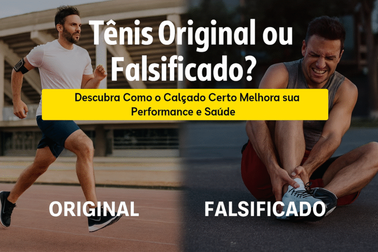 Imagem ilustrativa mostrando o contraste entre um corredor com tênis original, em movimento e com postura estável, e outro com tênis falsificado, torcendo o pé e sentindo dor. A cena reforça os riscos de calçados de baixa qualidade e os benefícios de investir em tênis esportivos originais.