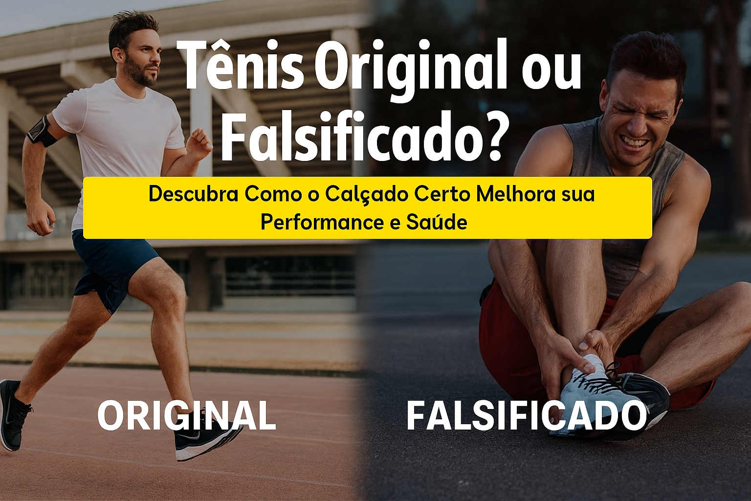 Imagem ilustrativa mostrando o contraste entre um corredor com tênis original, em movimento e com postura estável, e outro com tênis falsificado, torcendo o pé e sentindo dor. A cena reforça os riscos de calçados de baixa qualidade e os benefícios de investir em tênis esportivos originais.