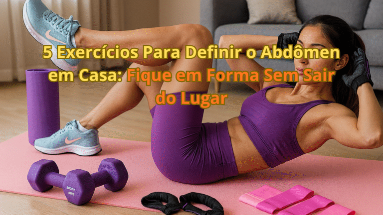 Mulher jovem fazendo abdominal em casa sobre tapete rosa, cercada por halteres, faixas elásticas e tênis Nike Promina — treino funcional para definir o abdômen.