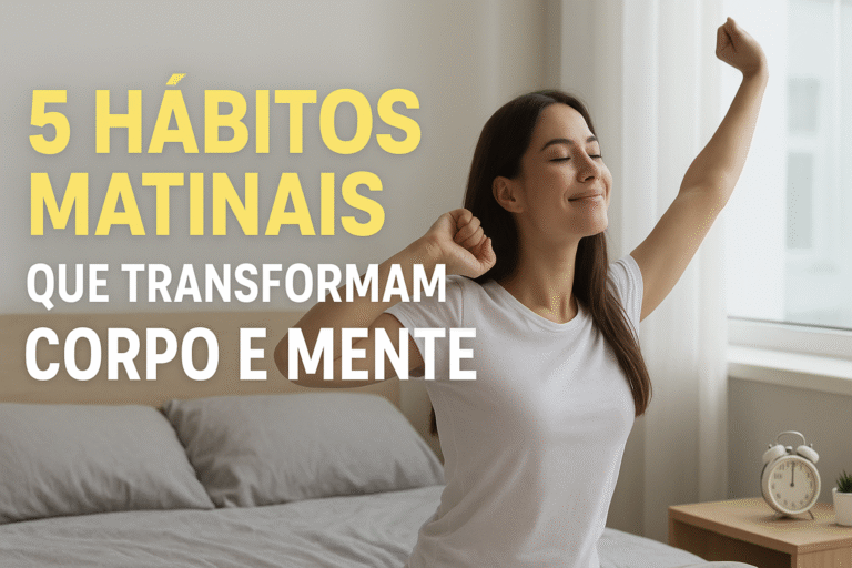 Pessoa se espreguiçando pela manhã ao lado de uma xícara de café, representando hábitos matinais saudáveis para transformar corpo e mente
