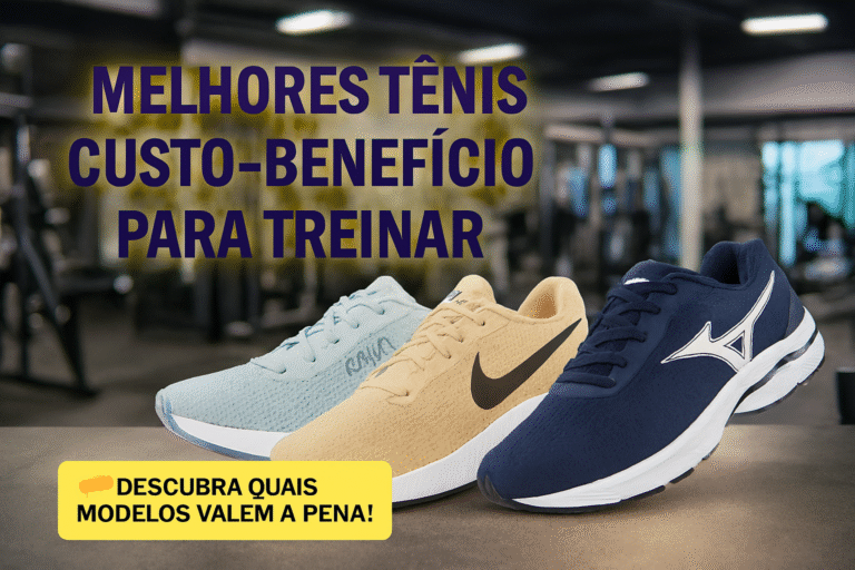 Imagem de três tênis esportivos — Fila azul claro, Nike bege e Mizuno azul marinho — posicionados em frente a equipamentos de academia. Ao fundo, ambiente fitness com halteres e máquinas. Texto em destaque: “Melhores Tênis Custo-Benefício Para Treinar”. Botão amarelo com chamada: “Descubra quais modelos valem a pena!”.