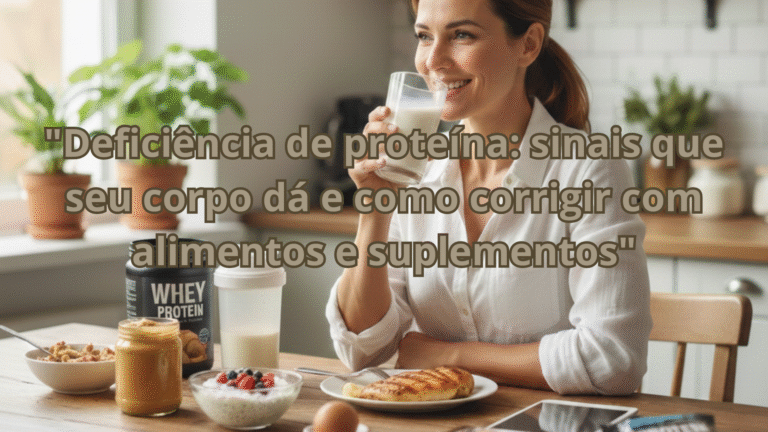 Mulher à mesa com alimentos ricos em proteína — imagem de destaque para matéria sobre deficiência proteica”