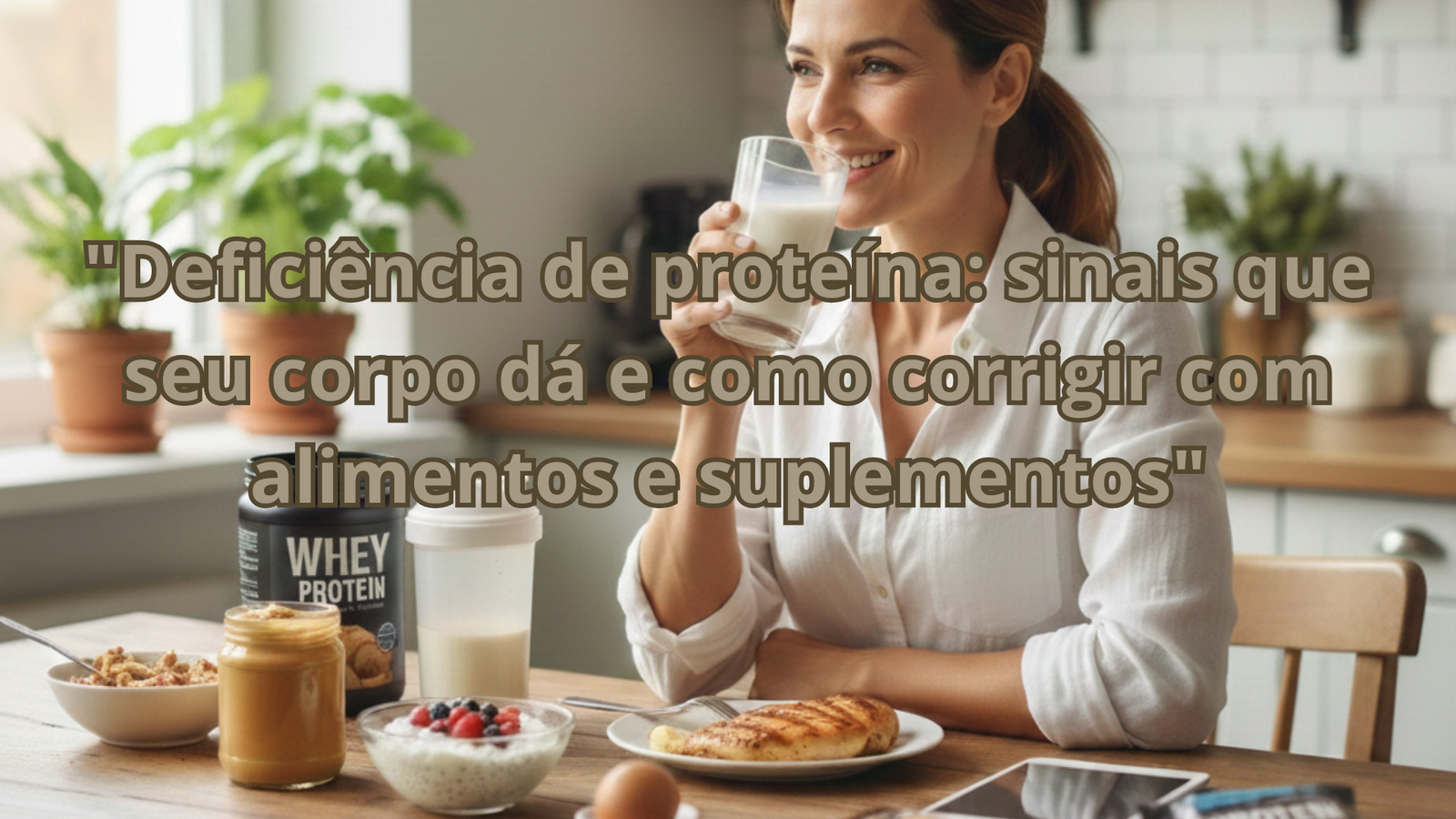 Mulher à mesa com alimentos ricos em proteína — imagem de destaque para matéria sobre deficiência proteica”