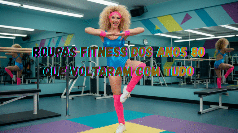 Roupas fitness retrô anos 80, polainas neon e collant azul em pose de aeróbica