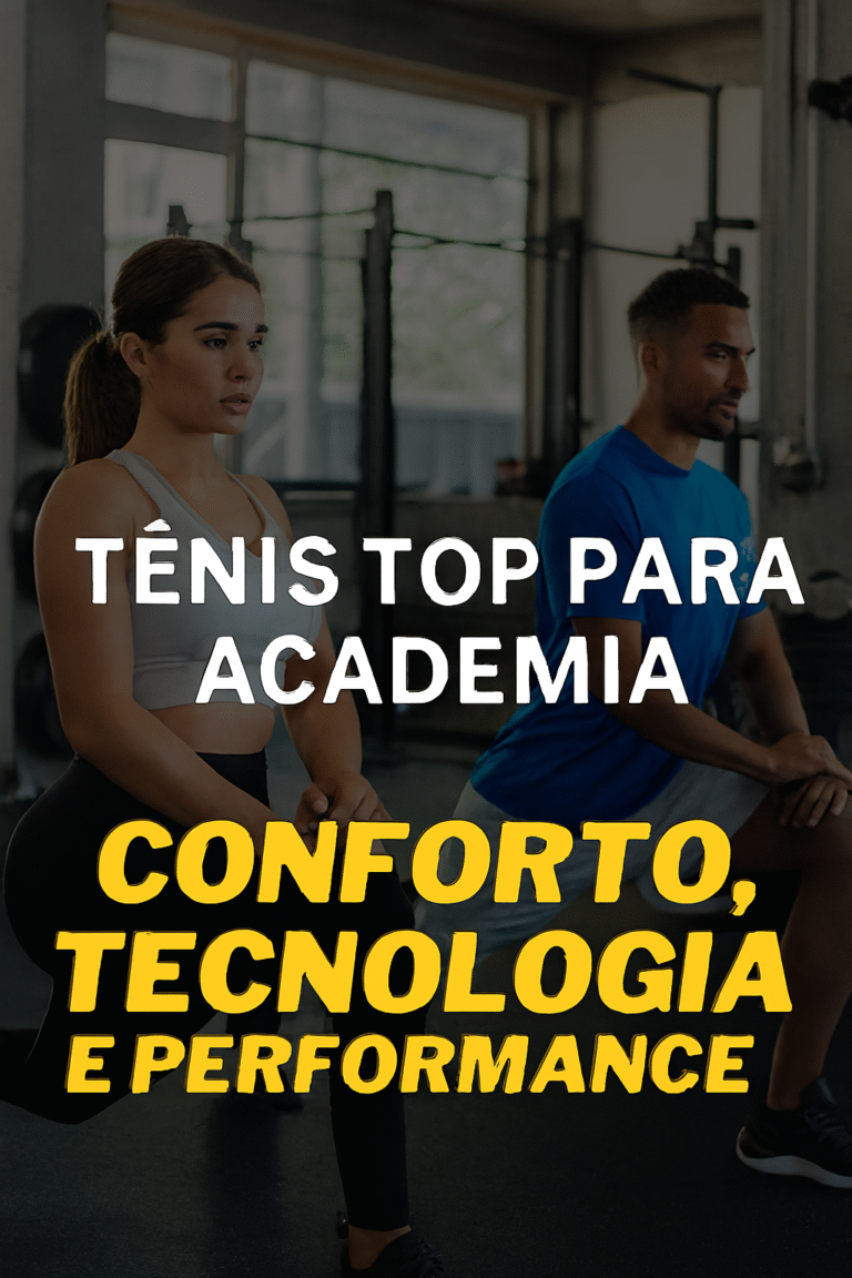 Jovens malhando em uma academia moderna, com destaque para a frase “Tênis Top para Academia: Conforto, Tecnologia e Performance” em letras brancas e amarelas sobre a imagem. A cena transmite energia, foco e estilo esportivo.