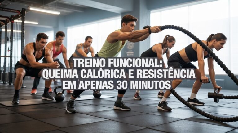 Grupo de pessoas realizando treino funcional em academia moderna, com exercícios intensos como corda naval e agachamentos.