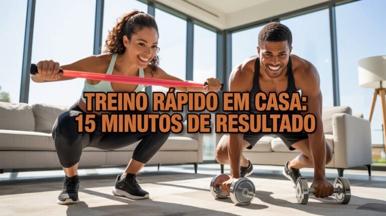 Casal jovem e motivado treinando em casa em uma sala moderna e iluminada. A mulher faz agachamento com faixa de resistência, enquanto o homem realiza flexão com halteres. Ambos usam roupas de academia e sorriem durante o exercício. Ao fundo, há um sofá, uma garrafa de água e janelas amplas com vista para o jardim. Texto centralizado em laranja: “Treino Rápido em Casa: 15 Minutos de Resultado”.