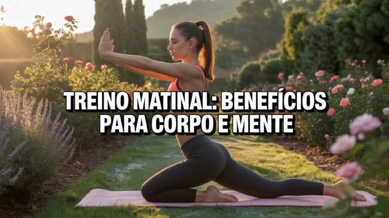 Mulher bonita em trajes fitness treinando ao nascer do sol em um jardim com árvores e flores, transmitindo energia, disciplina e bem-estar.