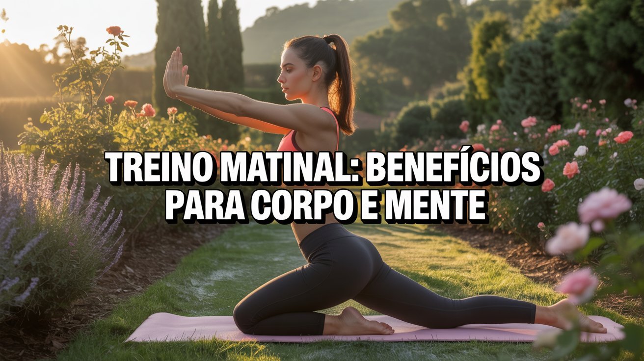 Mulher bonita em trajes fitness treinando ao nascer do sol em um jardim com árvores e flores, transmitindo energia, disciplina e bem-estar.