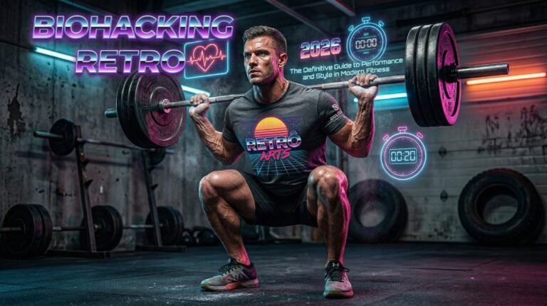 Atleta realizando agachamento com barra em academia de garagem estilo industrial, vestindo camiseta dry fit Retrô Arts com estampa neon anos 80, cercado por elementos holográficos de biohacking e monitor cardíaco em ambiente com luzes neon azul e laranja.
