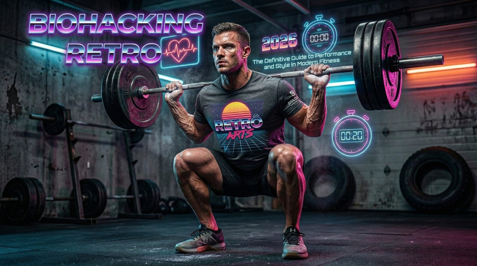 Atleta realizando agachamento com barra em academia de garagem estilo industrial, vestindo camiseta dry fit Retrô Arts com estampa neon anos 80, cercado por elementos holográficos de biohacking e monitor cardíaco em ambiente com luzes neon azul e laranja.