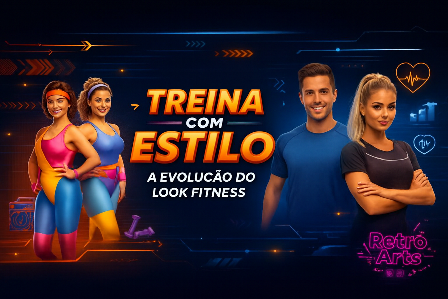 Quatro modelos fitness representam a evolução da moda esportiva dos anos 80 até hoje, com elementos visuais retrô e modernos em um banner promocional.