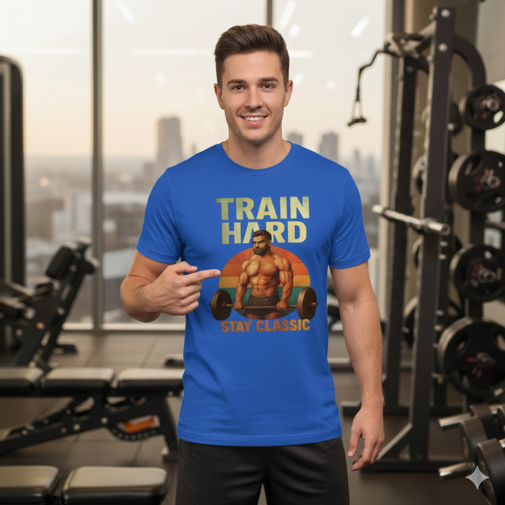 Homem na academia com camiseta Train Hard Stay Classic