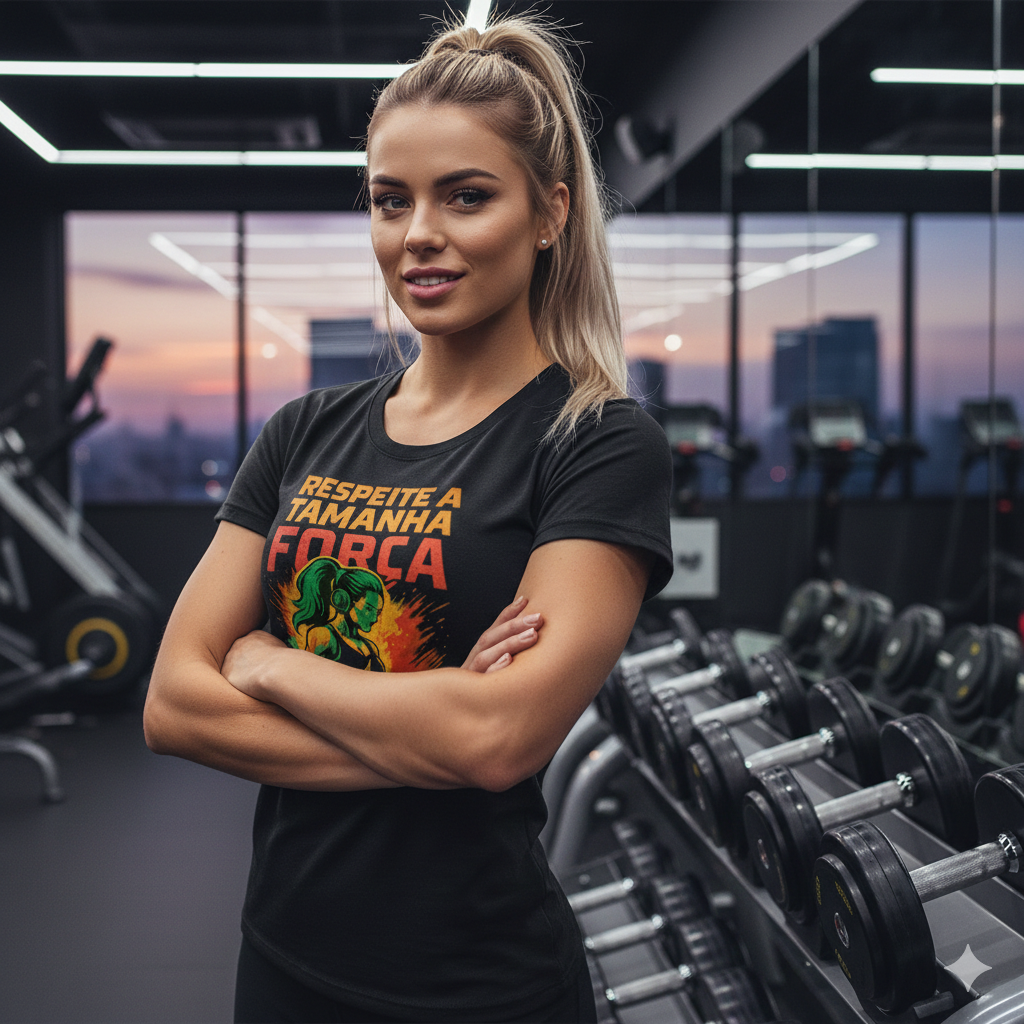 Mulher na academia com camiseta Respeite a Tamanha Força