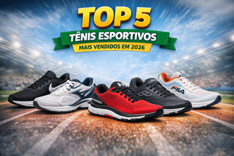 Top 5 tênis esportivos mais vendidos em 2026 — Nike, Mizuno, Under Armour, Olympikus e Fila em destaque.