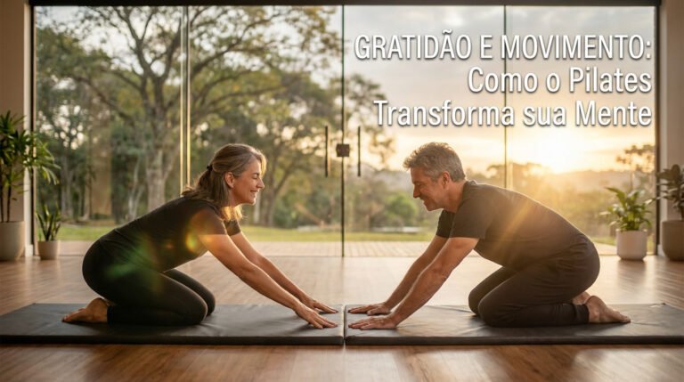Casal de meia-idade praticando Pilates de solo em estúdio iluminado pelo pôr do sol, com o título "Gratidão e Movimento: Como o Pilates Transforma sua Mente" escrito à direita.
