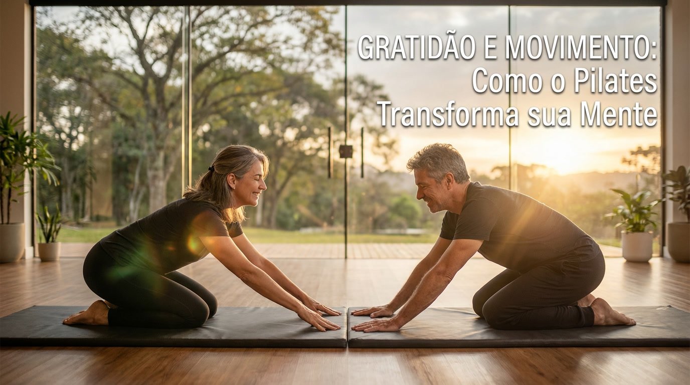 Casal de meia-idade praticando Pilates de solo em estúdio iluminado pelo pôr do sol, com o título "Gratidão e Movimento: Como o Pilates Transforma sua Mente" escrito à direita.