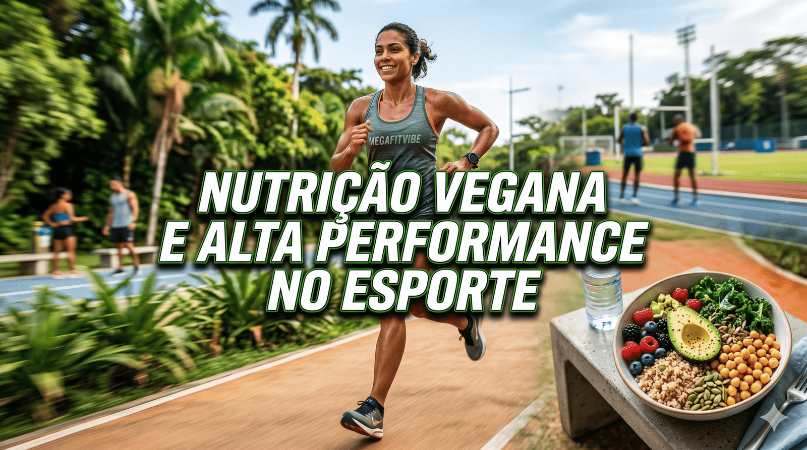 Atleta feminina correndo em pista ao ar livre com um bowl de alimentação vegana proteica em destaque e o título Nutrição Vegana e Alta Performance no Esporte.
