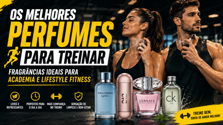 Homem e mulher usando perfumes na academia com destaque para fragrâncias importadas ideais para treino e lifestyle fitness.