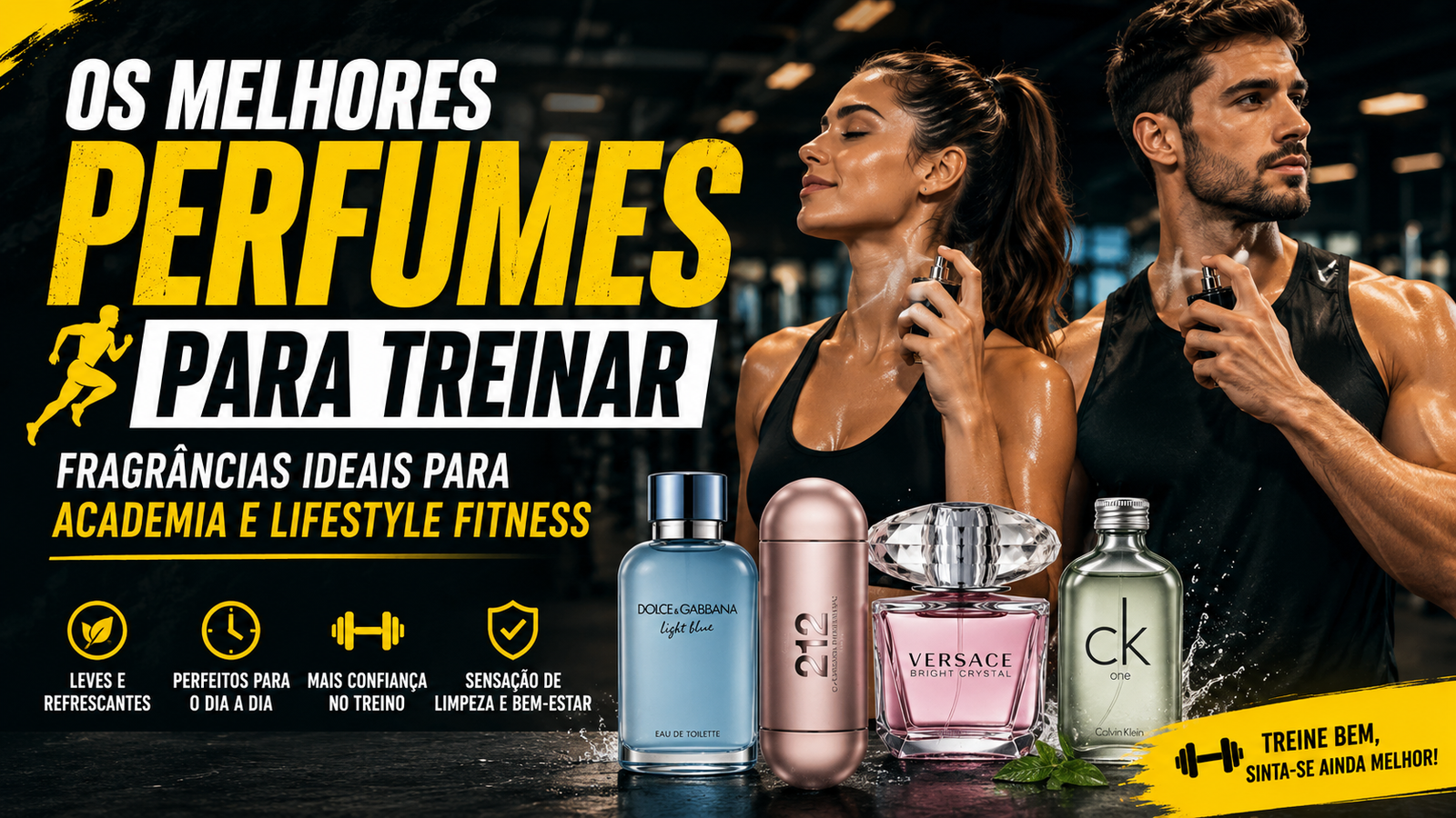 Homem e mulher usando perfumes na academia com destaque para fragrâncias importadas ideais para treino e lifestyle fitness.