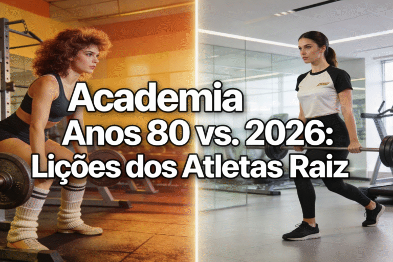 Academia Anos 80 vs 2026 - Mulher dos anos 80 e mulher moderna com camiseta Retrô Elegante - Lições dos Atletas Raiz