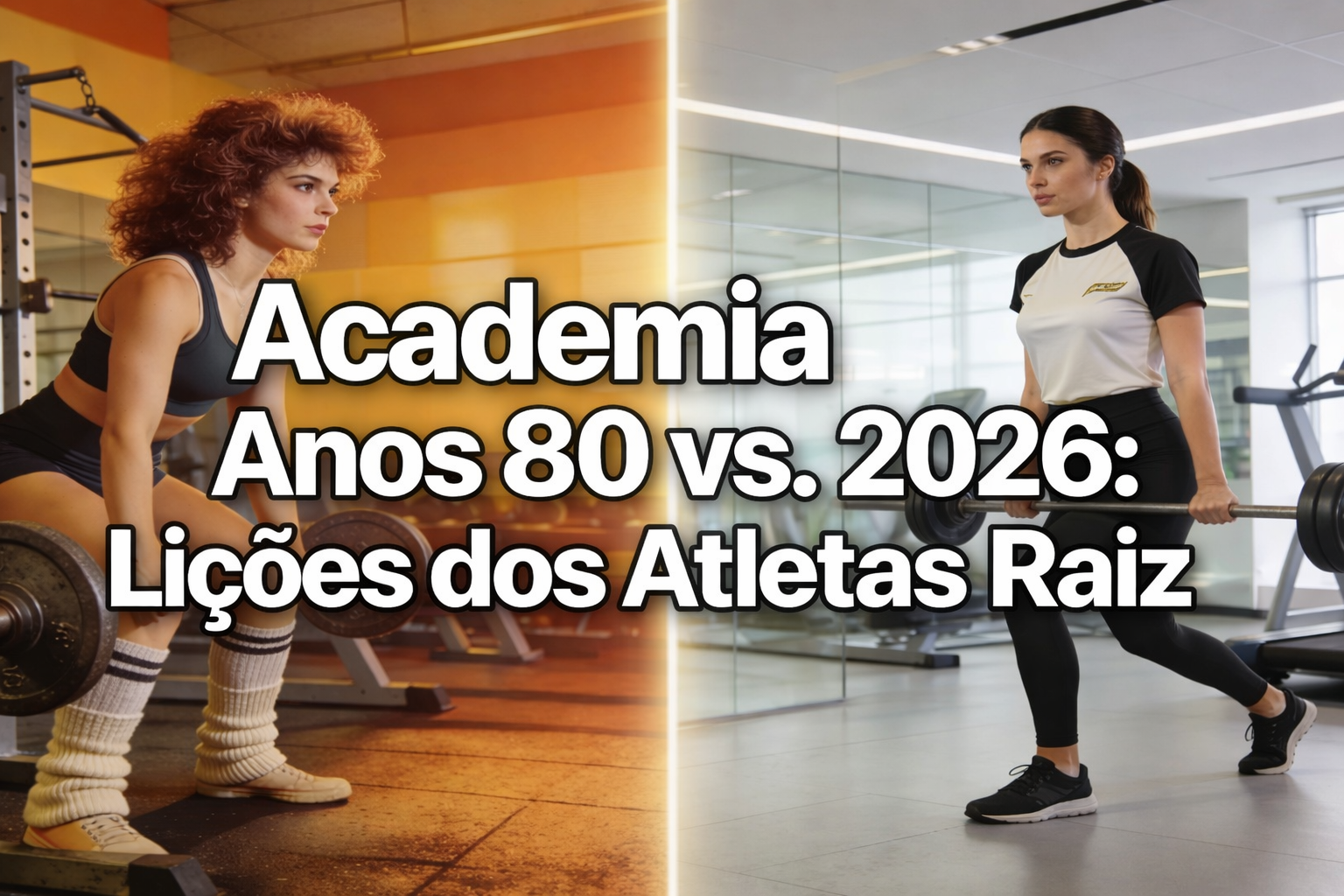 Academia Anos 80 vs 2026 - Mulher dos anos 80 e mulher moderna com camiseta Retrô Elegante - Lições dos Atletas Raiz