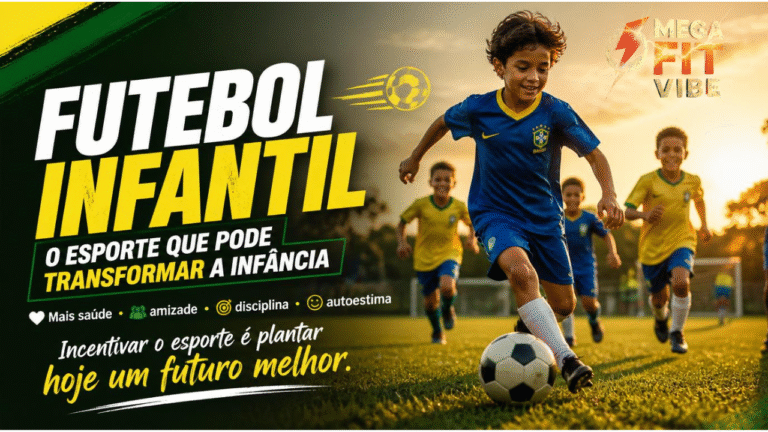 Crianças jogando futebol em campo durante o pôr do sol representando saúde, amizade, disciplina e incentivo ao esporte infantil no Brasil.