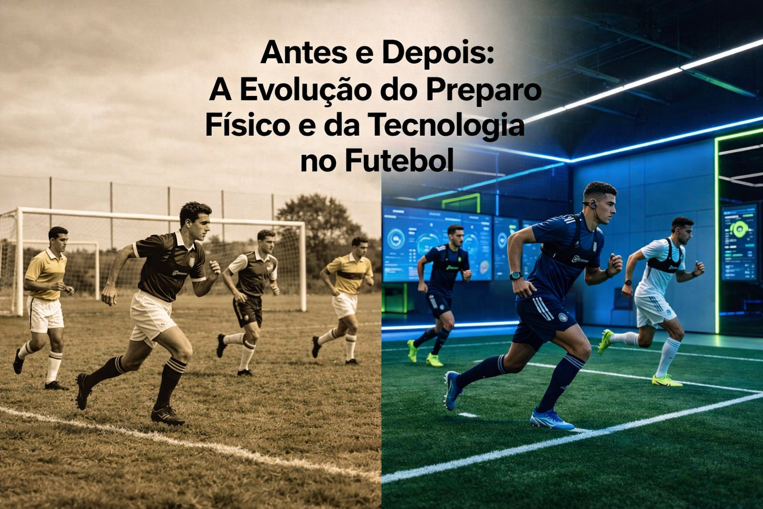 Comparação lado a lado: futebol antigo com treinos rústicos e equipamentos de couro, e futebol moderno com tecnologia, preparo físico avançado e materiais leves — evolução da tecnologia no esporte