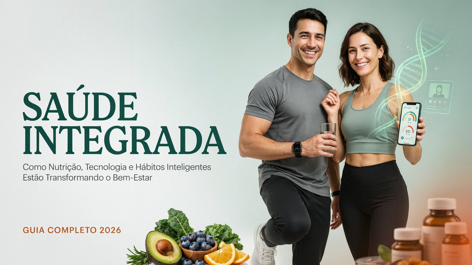Saúde Integrada: casal praticando hábitos saudáveis com alimentação, tecnologia, smartwatch e aplicativo de saúde em destaque.